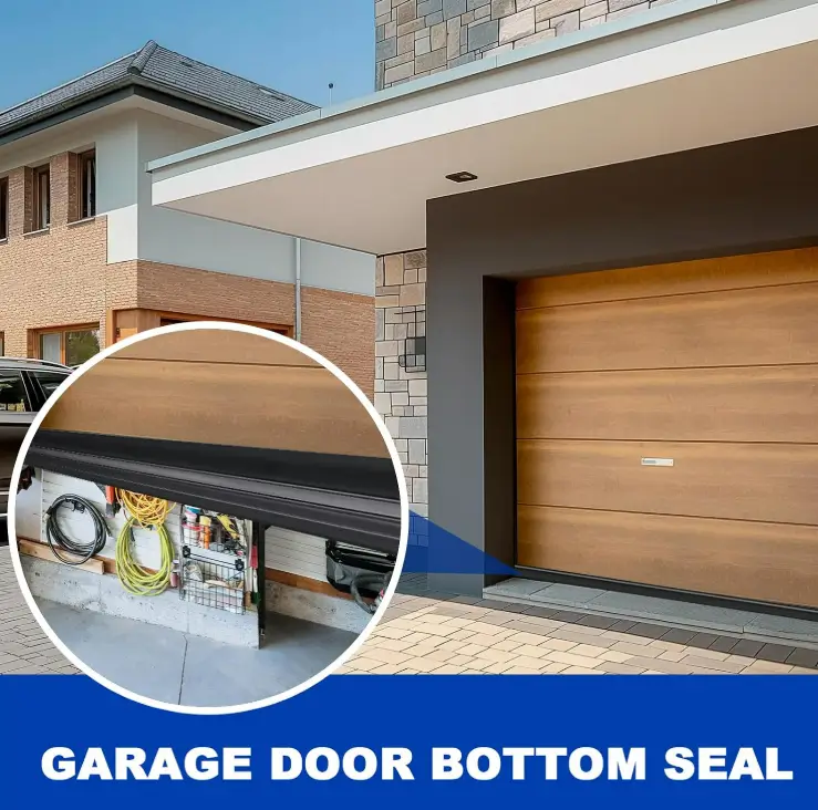 Black rubber garage door bottom seal fitted under a closed door, with a close-up inset of the seal profile